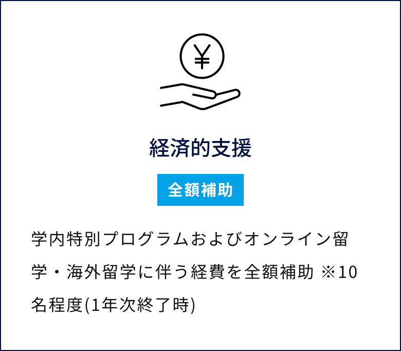 経済的支援／全額補助／学内特別プログラムおよびオンライン留学・海外留学に伴う経費を全額補助 ※10名程度(1年次終了時)